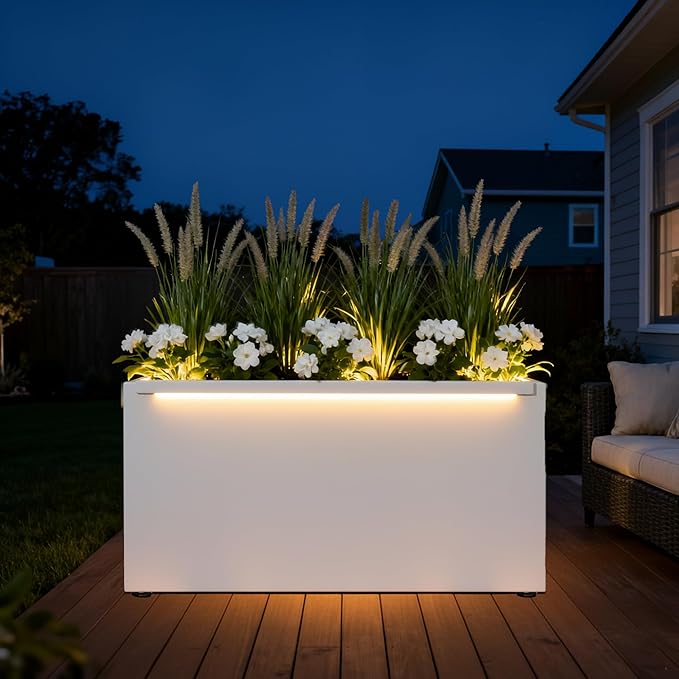 GSK 30" L White LED Metal Planter Flower Box Outdoor Illuminate Magnetic 3000K LED Light Strips Glow Vibe Modern Rectangle Raised Trough Drainage Holes Indoor Patio Balcony or Garden Decor