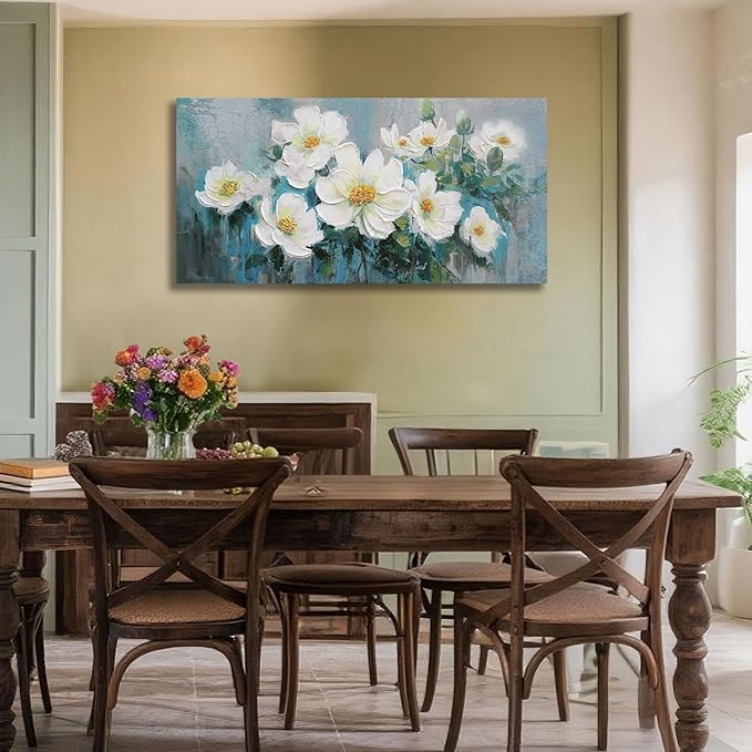 Ardemy White Floral Canvas Wall Art Large Teal Textured Pictures Wall Decor Turquoise Paintings Artwork for Living Room Bedroom Home Office, 40"x20"