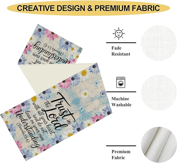 Daisy Flower Table Runner, Colorful Farmhouse Rustic Daisy Flower Print Linen Coffee Table Center Decor for Home Kitchen Dining Patio Holiday Party Indoor Outdoor Table Decorations 13x72 inch
