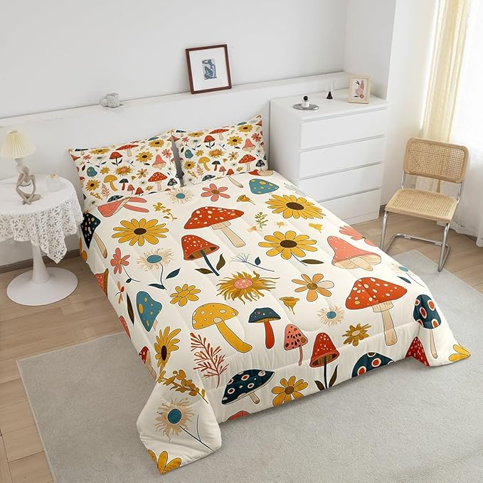 Castle Fairy Retro Mushroom Flowers Comforter Set Twin Size,70s 60s Groovy Quilt Set for Kids Boys Bedroom Collection,Vintage Boho Plant Floral Polyester Bedding with 1 Pillowcase,2Pcs