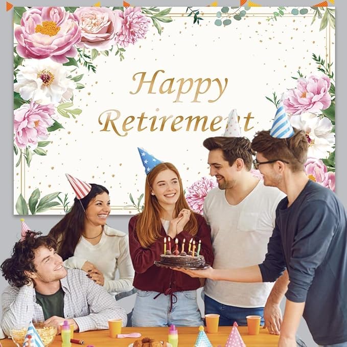 10x7ft Happy Retirement Backdrop for Women Pink Rose Gold Dots Retirement Party Banner White Floral Greenery Leaves Decoration Lady's Retirement Party Decor Congrats Retire Photo Booth Props
