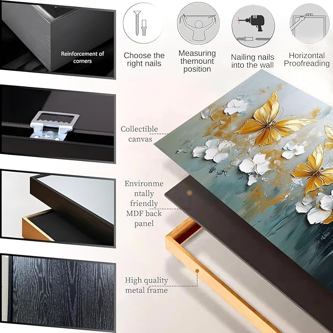 Butterfly Canvas Wall Art, Butterfly and Flower Wall Decor, Butterfly Prints, Abstract Textured Canvas Wall Art, Artwork for Walls, Oil Painting Wall Art, Wall Decor Living Room (Black Frame, *31"x15"|80x40cm)