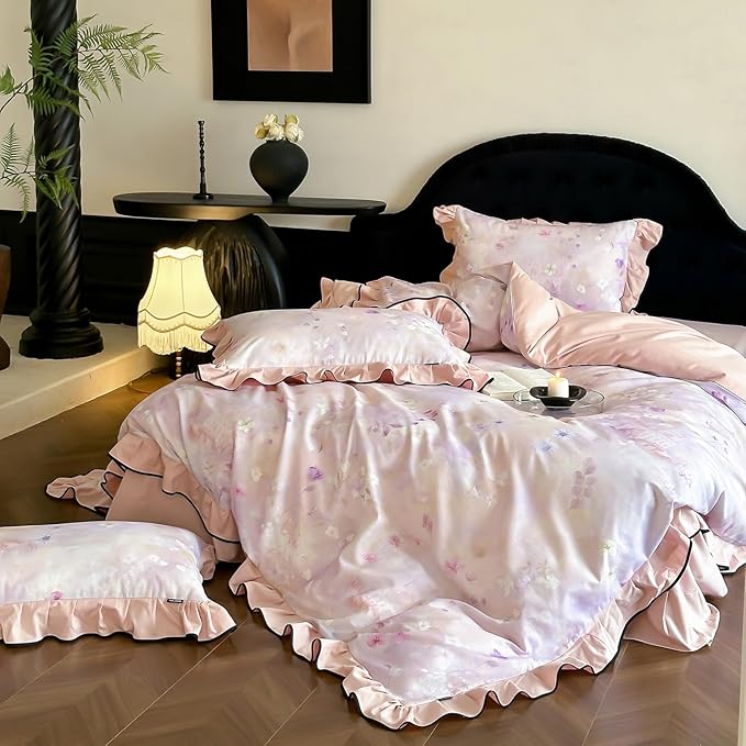 HighBuy Brushed Cotton Duvet Cover Full Ruffle Lace Floral Bedding French Style Floral Print,Vintage Duvet Cover Set Blush Flower Shabby Chic Bedding Comforter Cover Set，Soft and Breathable