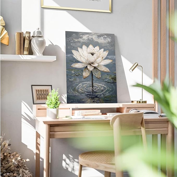 Stunning white lotus emerges from prismatic water with delicate petals background Serene aquatic wall art suitable for modern minimalist decor 16x24in Wood Framed