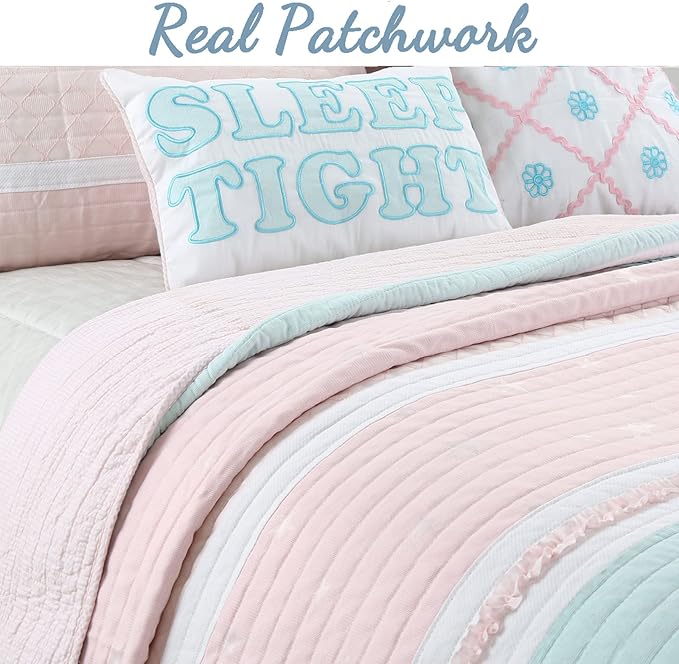 Cozy Line Home Fashions Light Pink Blue Ruffles Girl 100% Cotton Reversible Quilt Bedding Set, Coverlet, Bedspread (Candy, Twin - 2 Piece: 1 Quilt + 1 Sham)