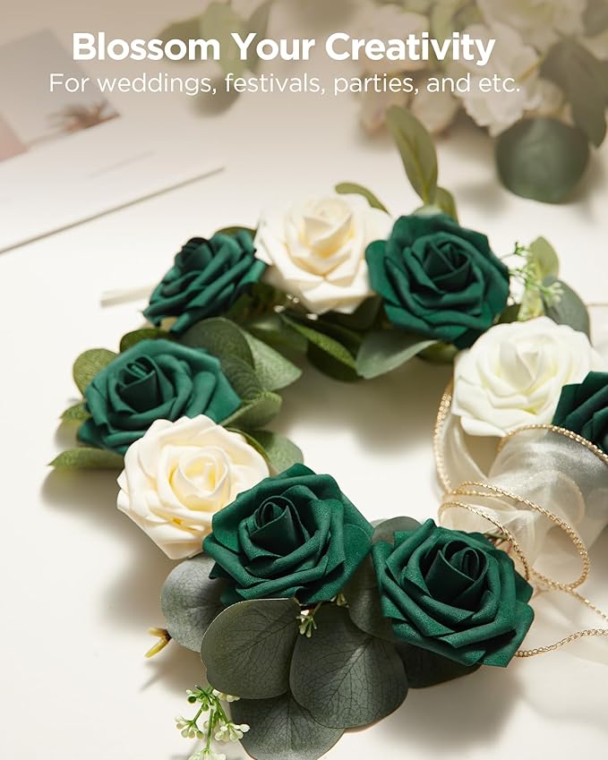 InnoGear Artificial Flowers, 50 Pcs Hunt Green Foam Fake Roses Bulk with Stems for Decoration DIY Wedding Bouquets Centerpieces Bridal Shower Party Valentines Christmas Tree