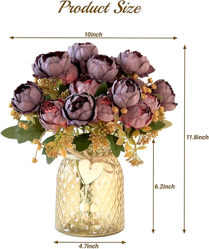 Fake Flowers in Vase,Fake Flowers with Vase 21 Pcs Faux Peony Flowers,Artificial Flowers for Home Decor, Indoor Centerpiece for Living Room & Dining Table (Purple Red)