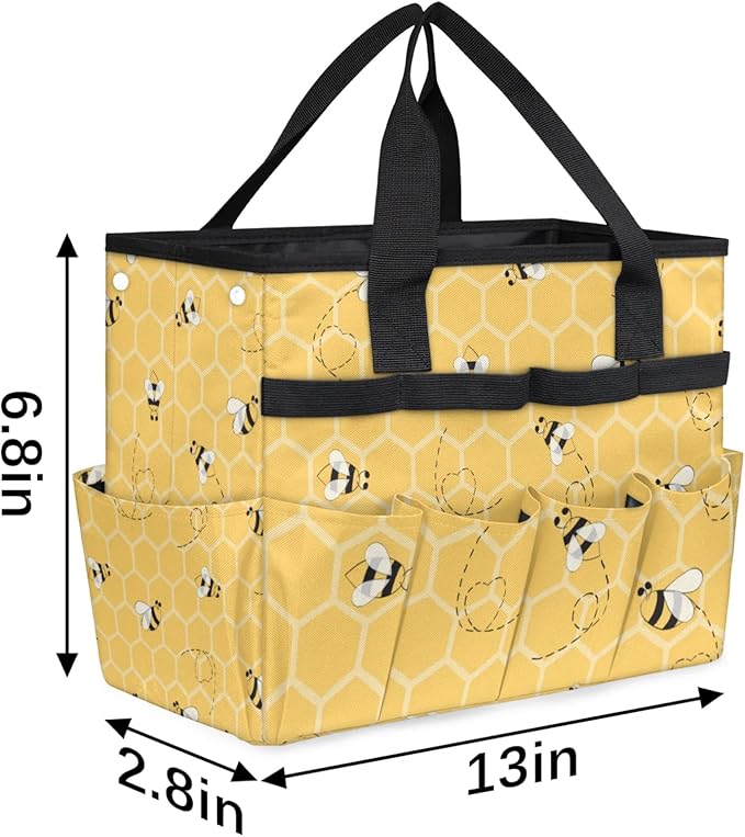 Yellow Bee Gardening Tool Bag,Heavy Duty Garden Tote Bag,Portable Oxford Gardening Storage Basket Organizer Handbag with Pockets Handle,Hand Tools Gifts for Outdoor Garden Lawn Yard
