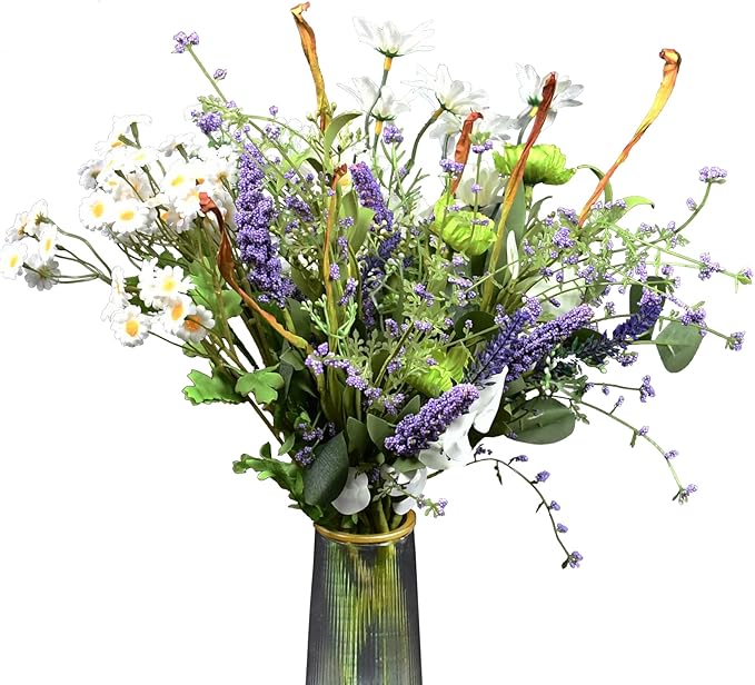 18"-20" Artificial Wildflower Bouquet, Fake Wild Flower Arrangment Faux Daisy & Gerbera Arrangement, Pre-arranged Silk Floral, Bendable Stems, Greeting Card, Rustic Farmhouse Wedding Centerpiece