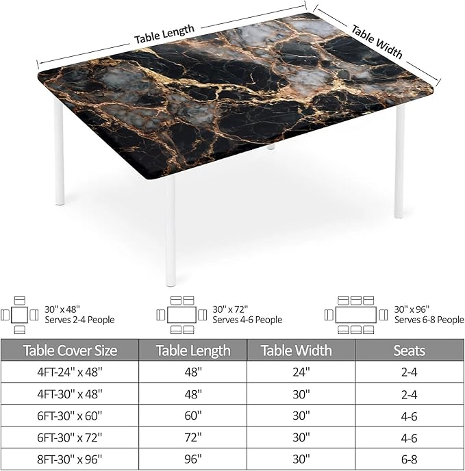 Rectangle Table Cloth Cover Waterproof Elastic Fitted Polyester Fitted Tablecloths for 6 Foot Tables for Indoor,Picnic, Camping, Outdoor （72" x 30"，Black Marble）