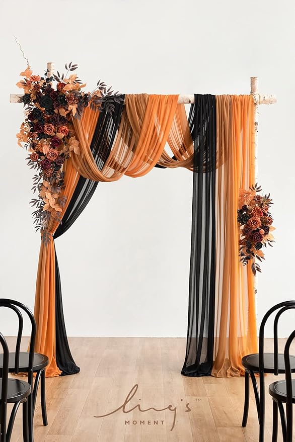 Ling's moment Wedding Arch Flowers with Sheer Drapes Kit - Artificial Black and Orange Floral Arrangements for Ceremony Backdrop, Arbor Decor, 5-Piece Set (2 Flower Stems + 3 Hanging Drapes)
