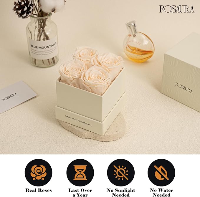 Rosaura 4-Piece Eternal Preserved Roses & Flowers Gift Box - Forever Lasting Real Roses, Preserved Flowers for Valentine's Day (Champagne)