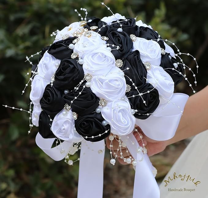 Bridal Wedding Bouquet Round Bling Brooch Bouquet Throw Toss Artificial Rose Flower Bunch for Bride Bridesmaid Wedding Quinceanera(White & Black, 6.3")