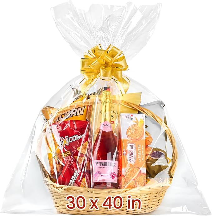 Ohuimrt 30 x 40 Inch Extra Large Cellophane Gift Bags, 6 PCS Clear Plastic Cellophane Wrap for Gift Baskets Baby Shower Birthday Wedding Party favor