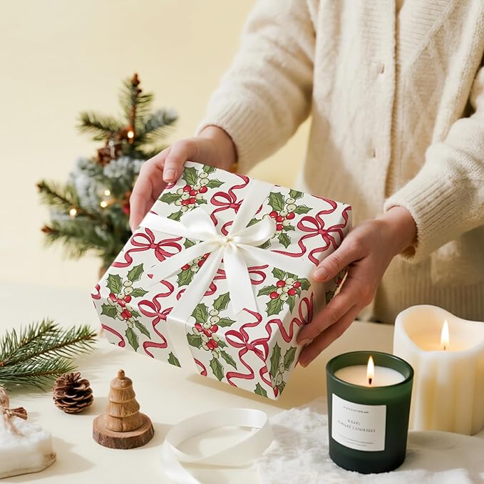 LeZakaa Christmas Wrapping Paper Roll – 17 in x 16.4 ft Gift Wrap with Red Ribbon Bows & Holly Berry Festive Design for Holiday Presents & Party Decorations