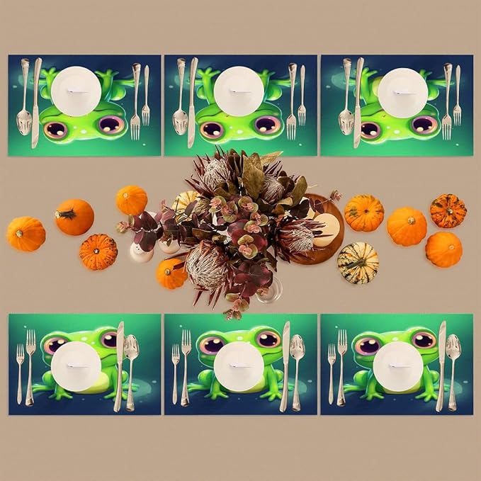 Frog Animal Green Placemats Set of 6 PVC Vinyl Non Slip Table Mats Waterproof Heat Resistant Place Mats Washable Wipeable Dining Table Mat for Kitchen Party Farmhouse Indoor Outdoor Decorative