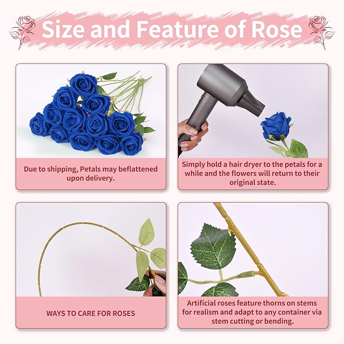 52 PCS Royal Blue Roses, Faux Blue Rose Bouquet, Silk Rose with Stems for Wedding Flowers Decoration, Valentines Day Mothers Day, Wedding Decoration