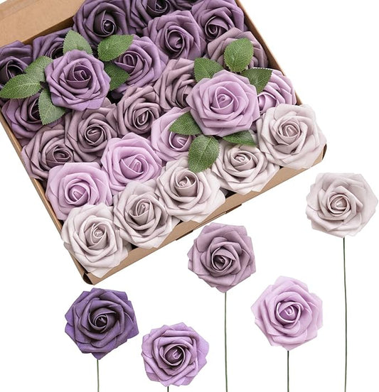 Ling's moment Artificial Flowers, 25Pcs 3" Roses in Purple Shades, Realistic DIY Foam Floral Decor for Wedding Bouquets/Centerpieces, Outdoor Party Backdrops, Room/Table, and Garden/Pot Decorations