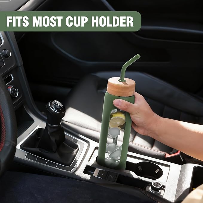 24 oz Glass Water Bottle, Glass Tumbler with Straw, Reusable Drinking Bottles with 2 Lids-Handle Lid&Bamboo Straw Lid, Silicone Sleeve, for Sports, Home,1 Pack-Olive