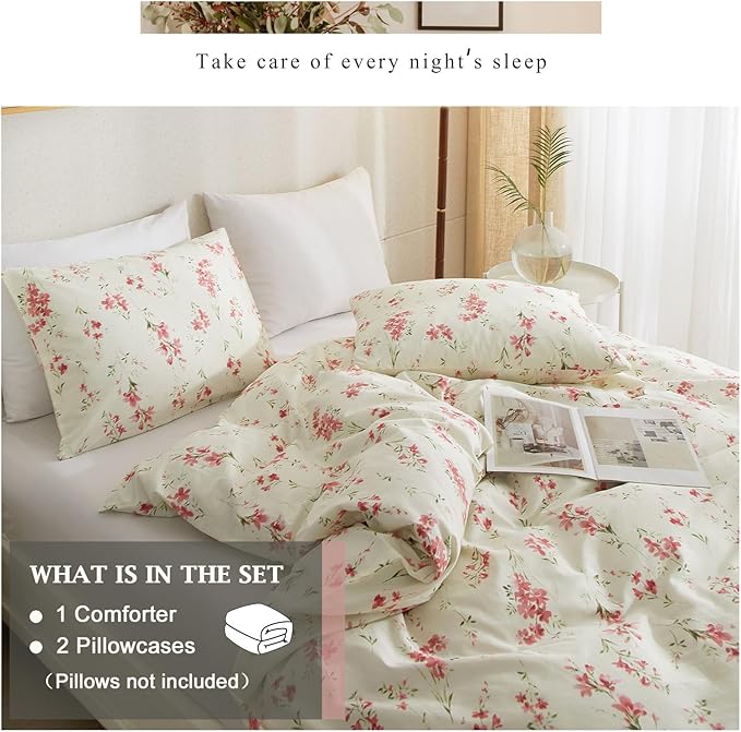 VM VOUGEMARKET Vintage Pink Flower Comforter Set Full Soft Cream Comforter Chic Floral Printed Bedding Set Vintage Botanical Comforter Set for Teen Girls 80x90 Inch