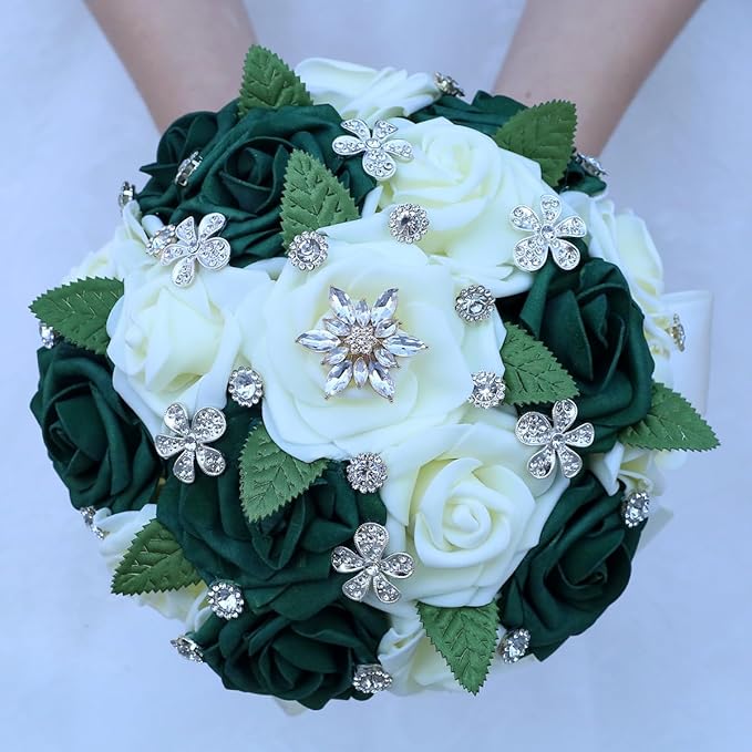 Lightweight Bridal Wedding Bouquet Round Holding Bouquet Throw Toss Artificial Rose Flower Bunch for Bride Bridesmaid Wedding Quinceanera (Cream & Dark Green, 6.7")