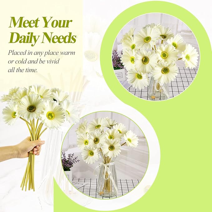 WILLBOND 18 Pieces Artificial Gerbera Daisies Flowers Fake Daisy Faux Boho Daisy Flowers Bouquet 15 in for Boho Birthday Decorations Wedding Home Decor (White)