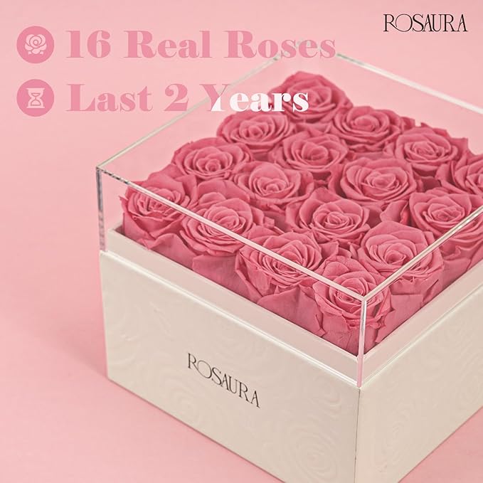 Rosaura Square Preserved Roses Gift Box - Real Forever Flowers in Clear Acrylic Lid, Valentine's for Women (Pink, 16 Roses)
