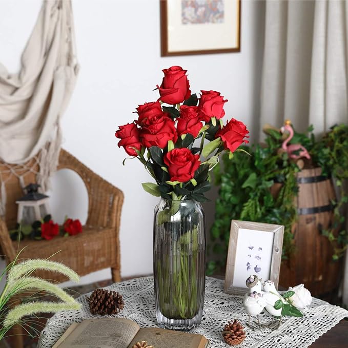 8PCS Artificial Silk Roses in Bulk & Bouquet Long Stem – Realistic Fake Roses for Wedding Centerpieces, Home Decor, Floral Arrangements, Party Decoration (Red)
