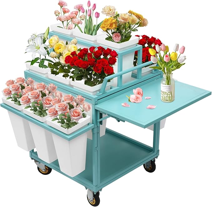 6-Tier Flower Display Stand Indoor Movable Flower Stand with 18 Buckets Plants Display Rack Cart with Wheels Metal Florist Bouquet Stand for Florist Patio Garden,23.62*23.62*36.61in (Blue)