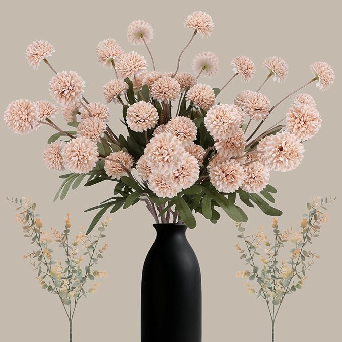 Geegoods Beige Pompon Mum Artificial Flowers with Eucalyptus – 10pcs, 21’’ Long Stems Fake Flowers for Vase Floral Arrangements Christmas Table Centerpieces Bouquets & Rustic Home Décor