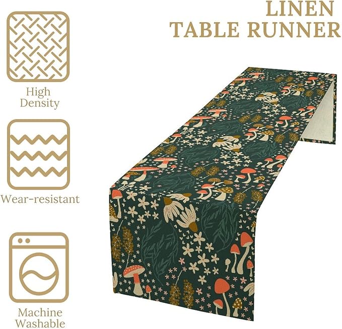 Mushroom Table Runner, Cartoon Woodland Summer Flowers Plants Forest Seasonal Spring Kitchen Dining Table Decoration for Home Party Decor, 13x108inch