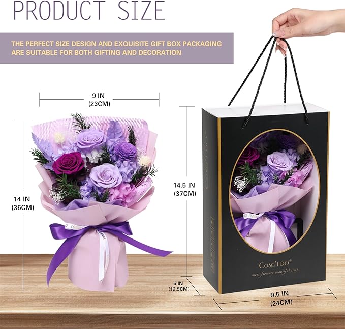Preserved Flowers for Delivery, Purple Flower Bouquets with Necklace, Forever Real Roses Anniversary Birthday Gifts for Women Mom Wife Girlfriend, Fresh Flowers for Valentines Day Christmas
