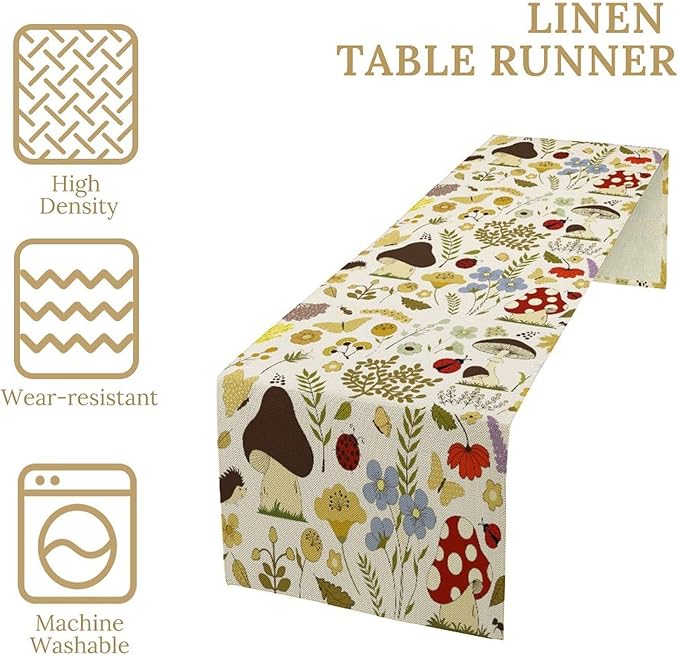 Mushroom Wildflower Table Runner Colorful Cartoon Style Cute Plants Dinner Runner for Farmhouse Cabin Home Kitchen Dining Holiday Party Decor 13x108in