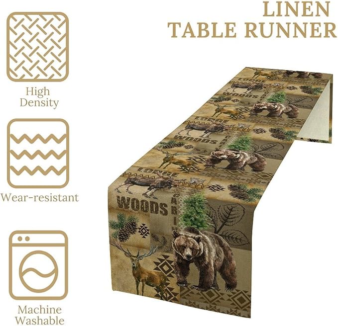Rustic Cabin Table Runner, Farmhouse Deer Bear Retro Pine Forest Native Aztec Wild Animal Seasonal Coffee Table Center Decor for Home Kitchen Dining Patio Holiday Party Table Decorations 13x90 inches