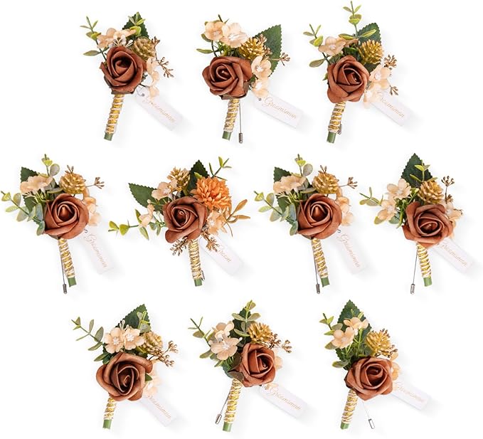 TINGE TIME Boutonniere for Men, Groom and Best Man Boutonniere for Wedding Ceremony Anniversary, Formal Dinner Party and Rustic Fall Wedding Marriage (Terracotta)