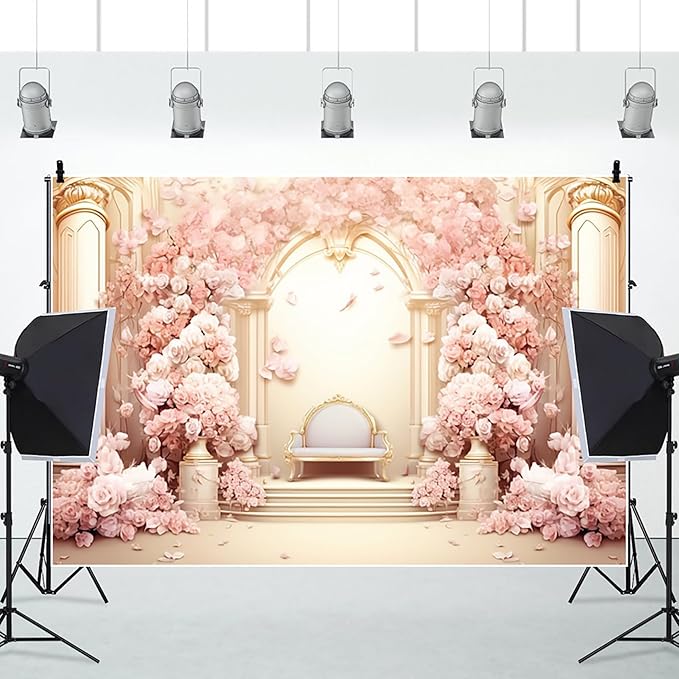 AOFOTO 12x10ft Wedding Backdrop Palace Hall Wall Spring Pink Flower Arch Background for Photography Bridal Shower Prom Decoration Banner Girl Portrait Photo Booth Backdrop