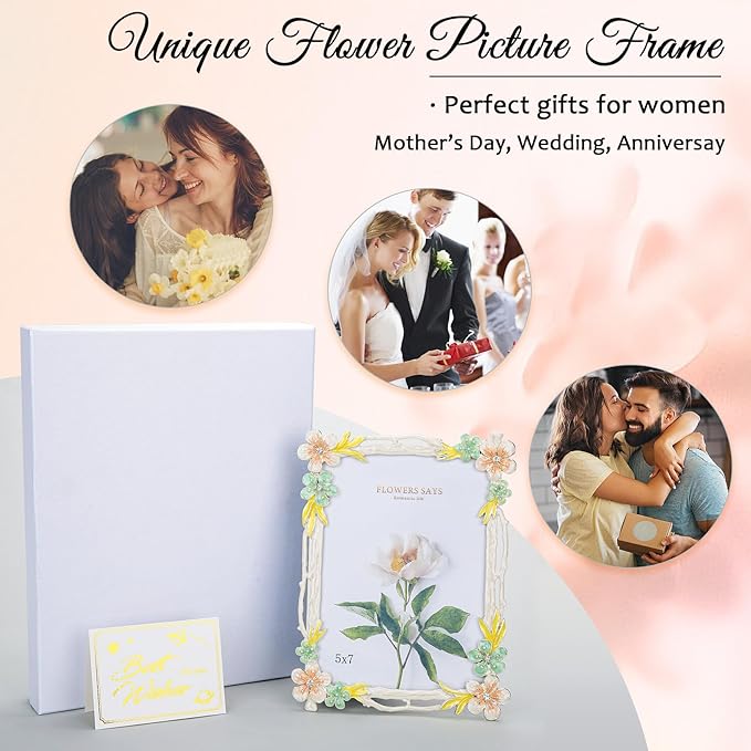 4x6 Picture Frame Enamel Floral Design Metal Photo Frame with HD Glass, Tabletop or Wall Home Art Decoration, Creative Gifts Ideas for Flower Lovers, Horizontall & Verticall