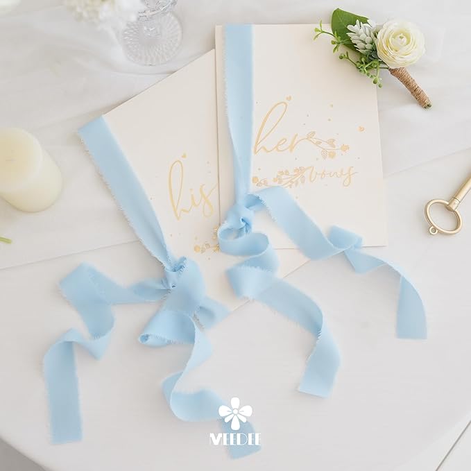 MEEDEE Light Blue Chiffon Ribbon 1 Inch Fringe Ribbons Baby Blue Chiffon Silk Frayed Edge Ribbon Thin Chiffon Ribbons for Crafts, Gift Wrapping, Wedding Invitation (3 Rolls 21 Yards)