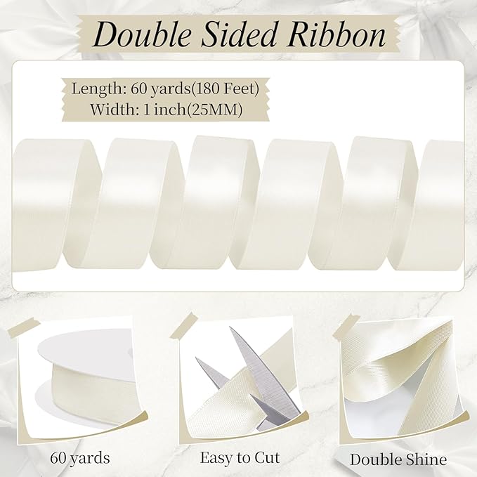 Ivory Satin Ribbon 1 inch 60 Yards Double Faced Cream Ribbon for Crafts Hair Bows Gift Wrapping Home Decor Wedding Invitation Christmas Decorations