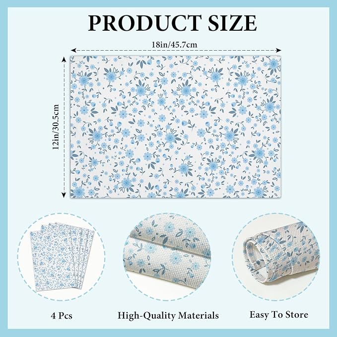 Cotton Linen Waterproof Placemats Set of 4, Blue Floral Dining Mat Table Mats Decor Fabric for Kitchen Dinner Coffee Shop Table, Outdoor/Indoor Washable Wipeable Placemat -N030