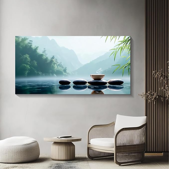 Iallbin Buddha Wall Art & Zen Wall Decor White Lotus on Water Canvas Painting - for Yoga Meditation Room, Spa & Bathroom, Iallbin Zen Stone Wall Art & Zen Wall Decor, Blending the essence of landscape artistry - for Yoga Meditation Room, Spa & Bathroom...