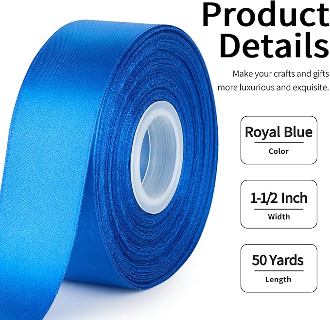 1-1/2 Inch Wide Royal Blue Satin Ribbon, 50 Yards Solid Polyester Fabric Ribbon for Roses Making, Gift Wrapping, Christmas, Wedding Decorations, Crafts, Bows