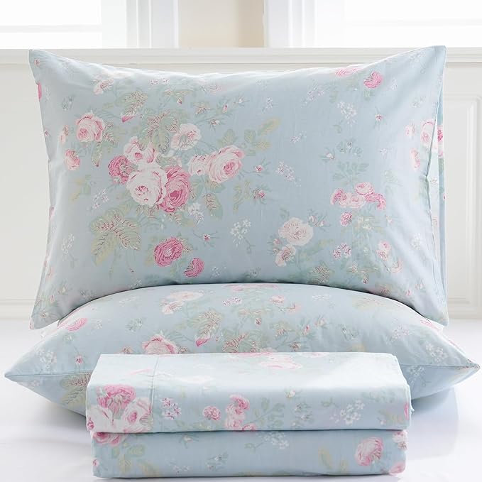 Zusbest Blue Floral Sheets Set California King 100% Cotton Pink Flowers Bed Sheet Shabby Vintage Chic Bedding Romantic Pastoral Original Design Soft Luxury Deep Pocket Fitted Sheet 17.5'', 4 Pcs