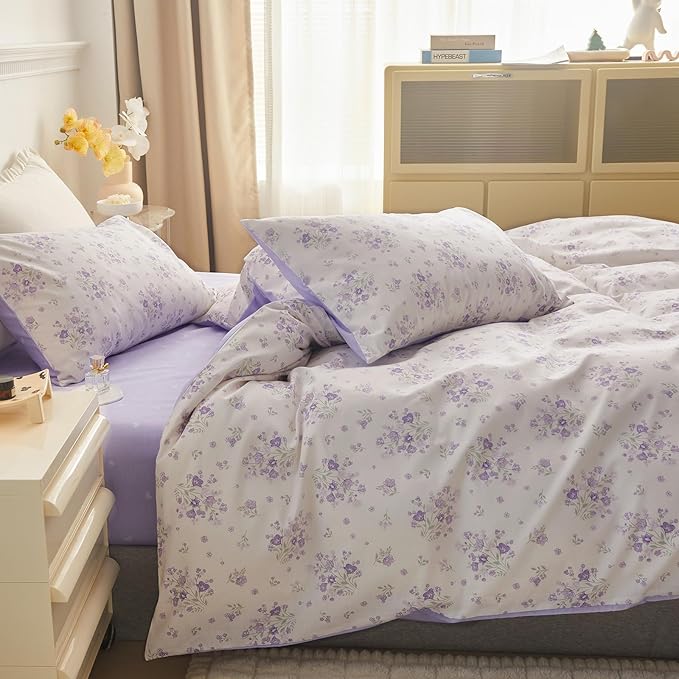 LifeTB Cotton Floral Duvet Cover Queen Vintage Style Purple Floral Bedding Set Chic Garden Flower Duvet Cover Boho Floral Botanical Comforter Cover with 2 Pillowcases Cottagecore Bedding Set Queen