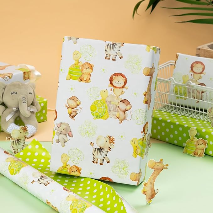 HOMERAL Baby Shower Wrapping Paper Roll - Jungle Animal Design - 17 Inch x 32.8 Feet (46.8 sq.ft) Green Gift Wrap with Lion, Elephant, Turtle, Giraffe, Zebra, Perfect for Baby Boy & Girl, Birthday, Gender Reveal, Holidays