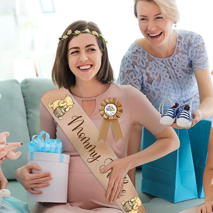 Winnie Baby Shower Sash Mom to Be Sash and Dad to Be Pin Flower Crown for Gender Reveals Party Baby Shower Party Favors Decorations for Boys and Girls Pregnancy Props Gift, Standard, Brown