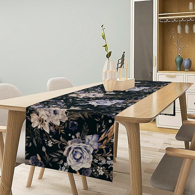 Dark Botanical Table Runner, Gothic Vintage Purple Garden Flowers Herbs Print Print Table Cover for Kitchen Dining Home Decor Wreath Party Decoration, 13x90inch