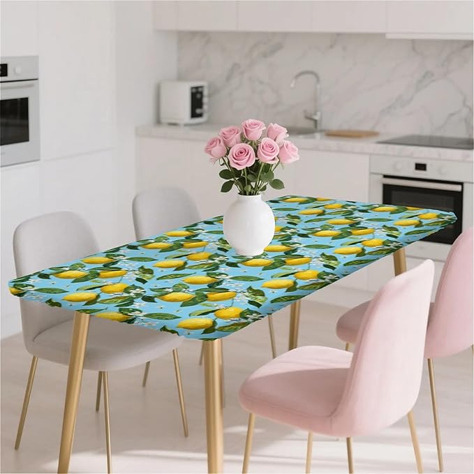 Rectangle Table Cloth Cover Waterproof Elastic Fitted Polyester Fitted Tablecloths for 4 Foot Tables for Indoor,Picnic, Camping, Outdoor （48" x 24"，Lemon）