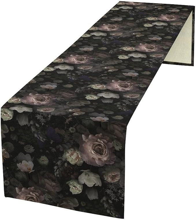 Gothic Floral Table Runner,Vintage Black Pink Rose Print Table Runner for Home Kitchen Table Dining Indoor Outdoor Party Decor 13x70 Inch