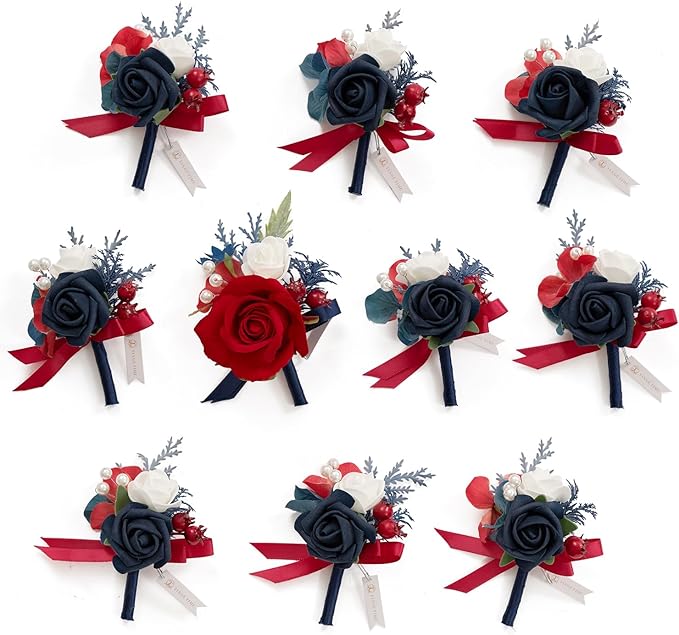 TINGE TIME Boutonniere for Men Wedding,Groom and Best Man Boutonniere for Wedding Ceremony Anniversary, Formal Dinner Party and Rustic Spring Wedding Marriage (10, Red & Navy Blue)